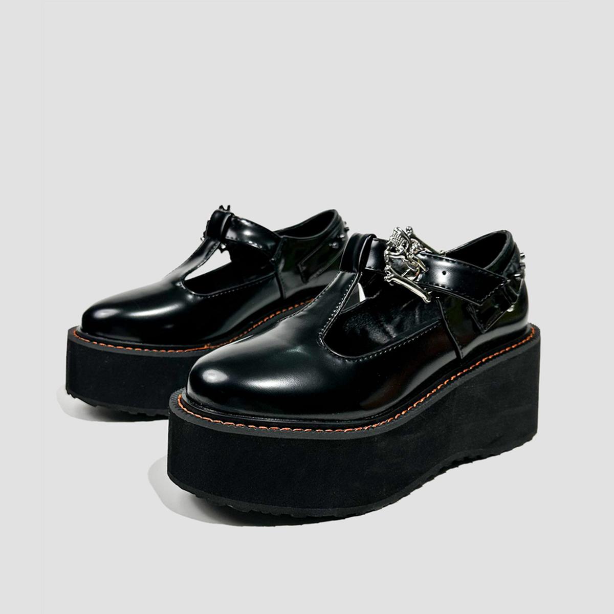 Black Metal Buckle T-Strap Platform Shoes