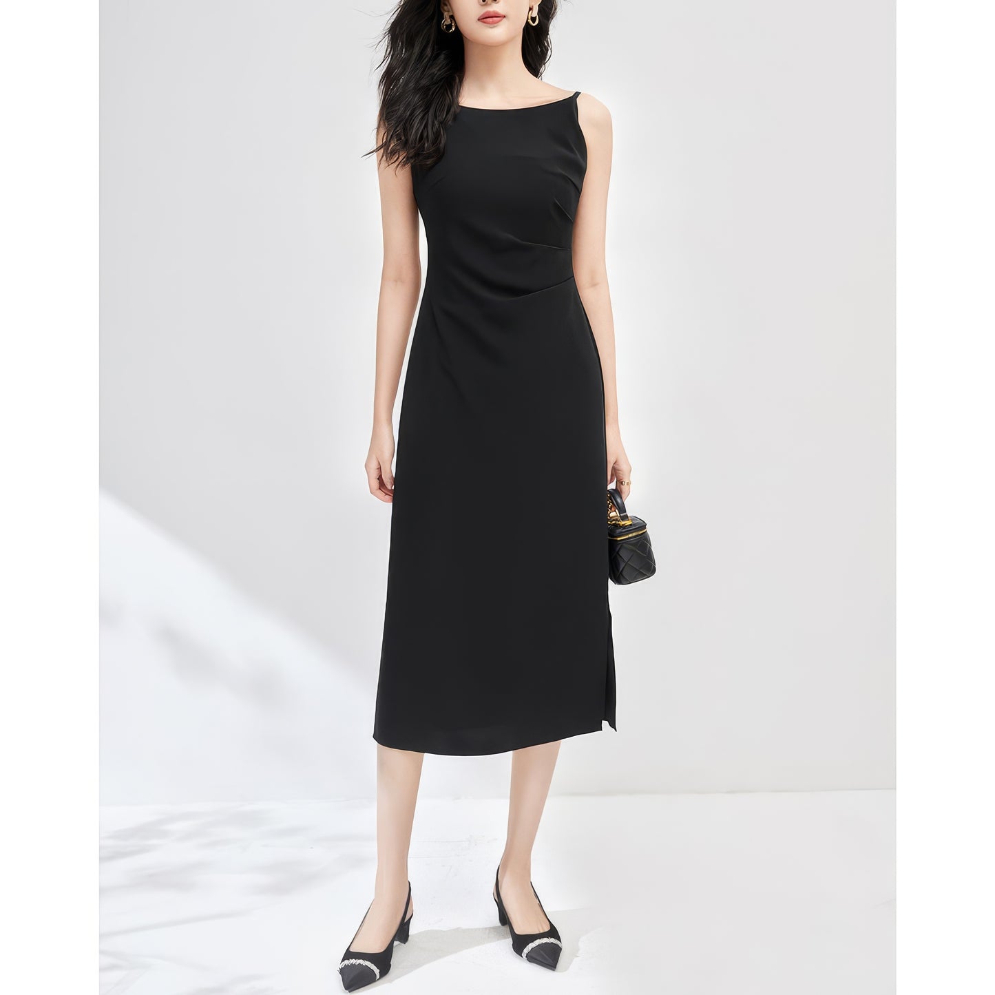 Side Slit Sleek Black Midi Dress