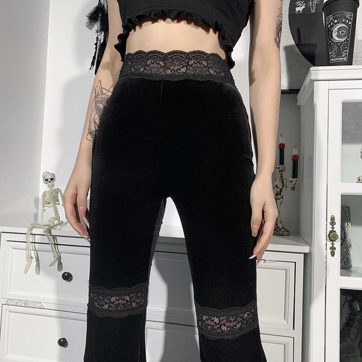 Black Lace Trim Flare Pants