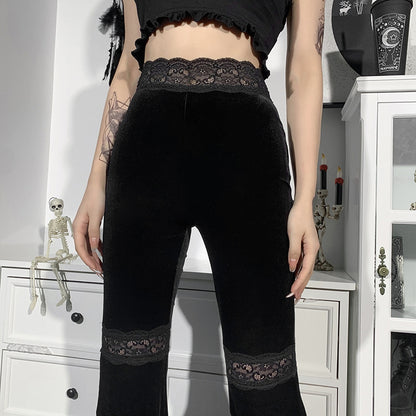 Black Lace Trim Flare Pants