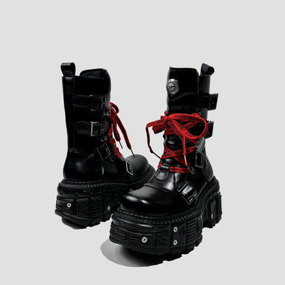 Black Buckle Strap Platform Combat Boots with Red Laces