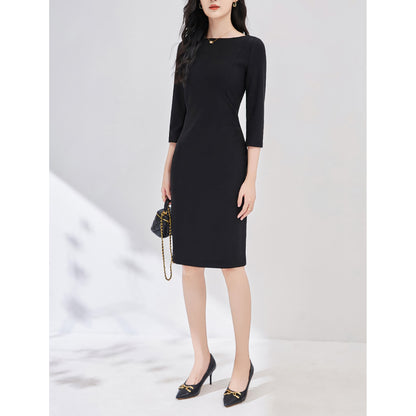 Boat Neck Fitted Black Midi Dress