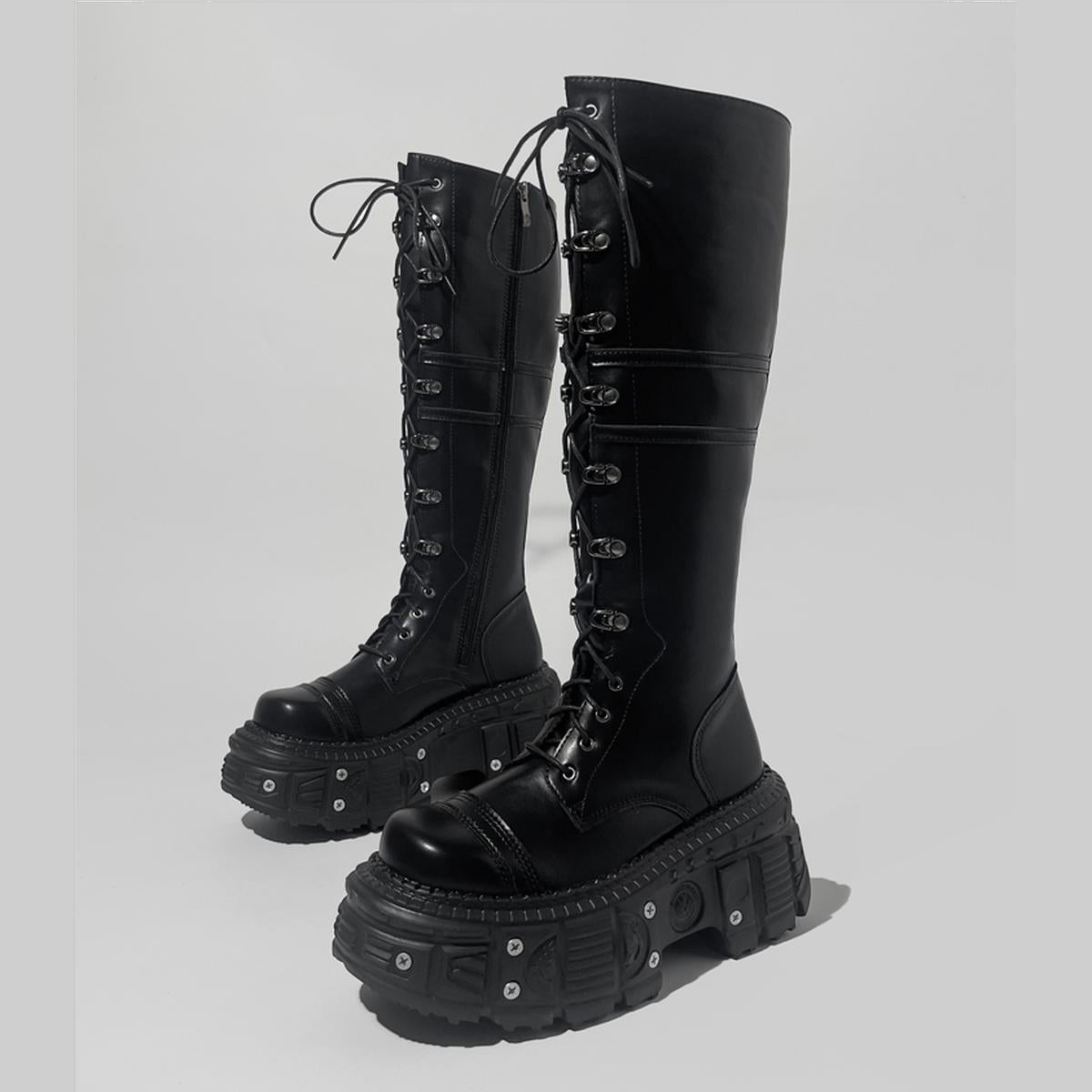 Black Lace-Up Platform Knee-High Boots