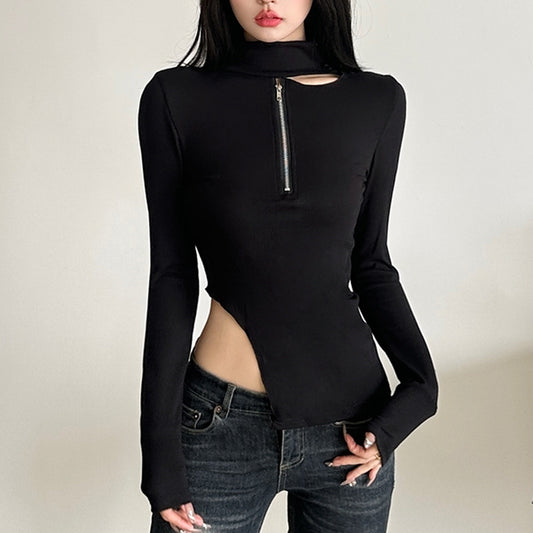 Asymmetrical Zip Cutout Top