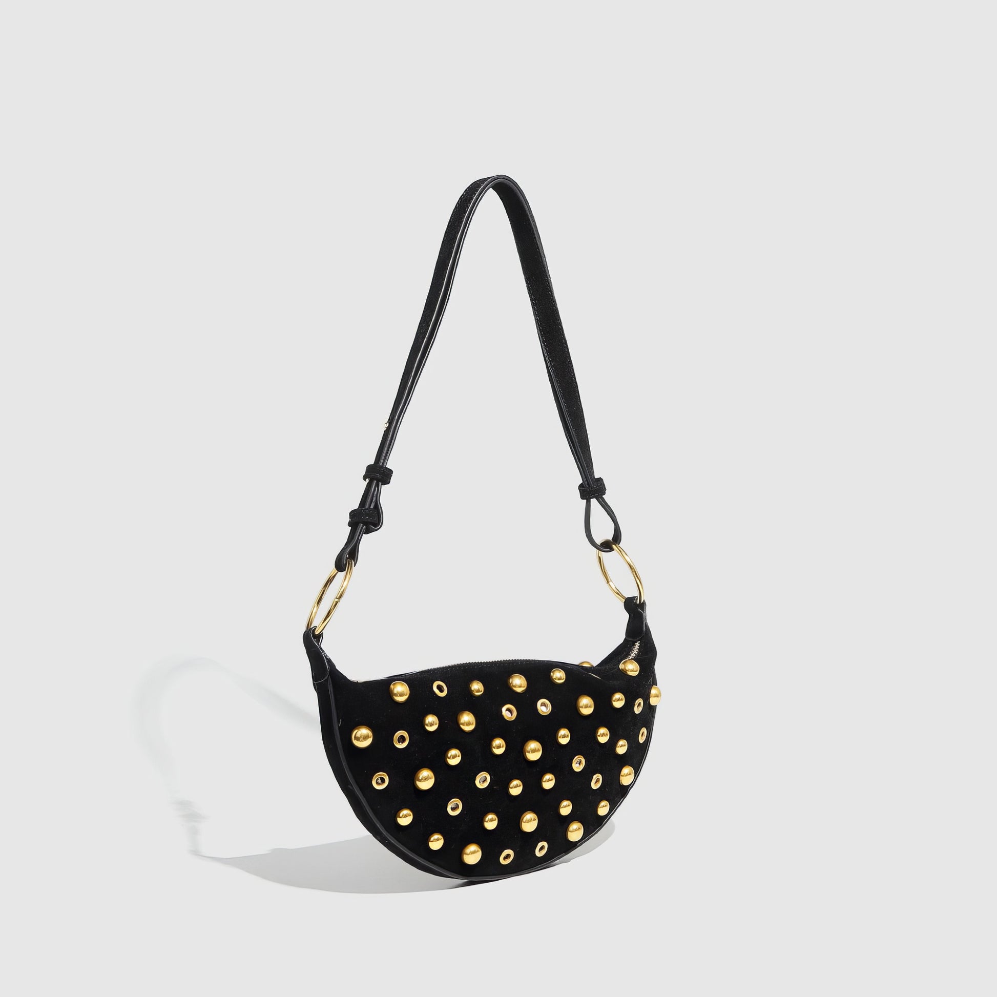 Studded Velvet Half Moon Shoulder Bag