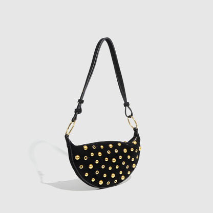 Studded Velvet Half Moon Shoulder Bag