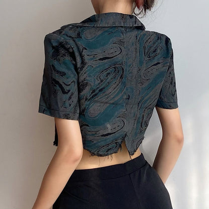 Asymmetrical Raw Hem Cropped Shirt