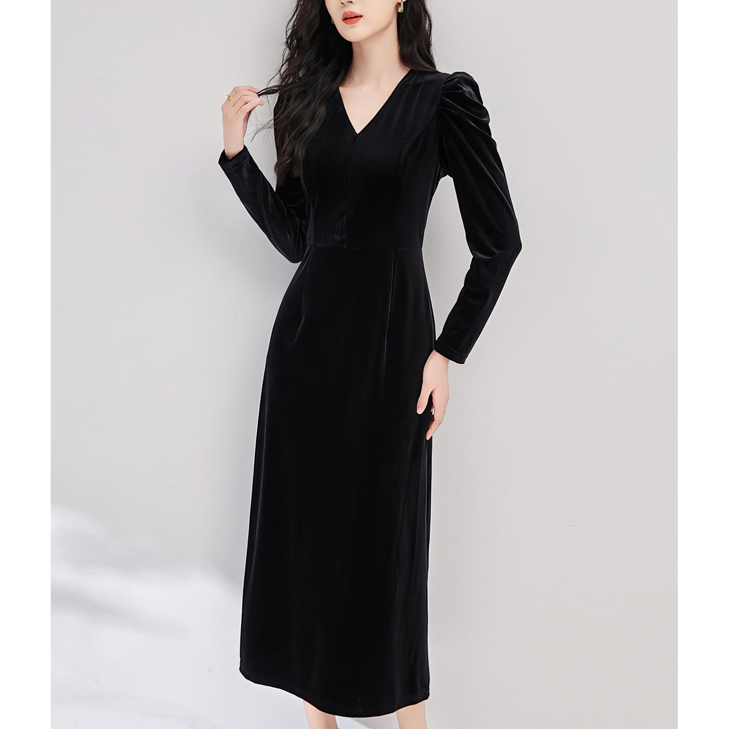Ruched Shoulder Velvet Black Dress