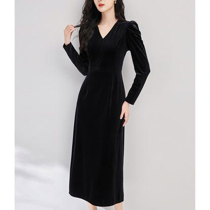 Ruched Shoulder Velvet Black Dress