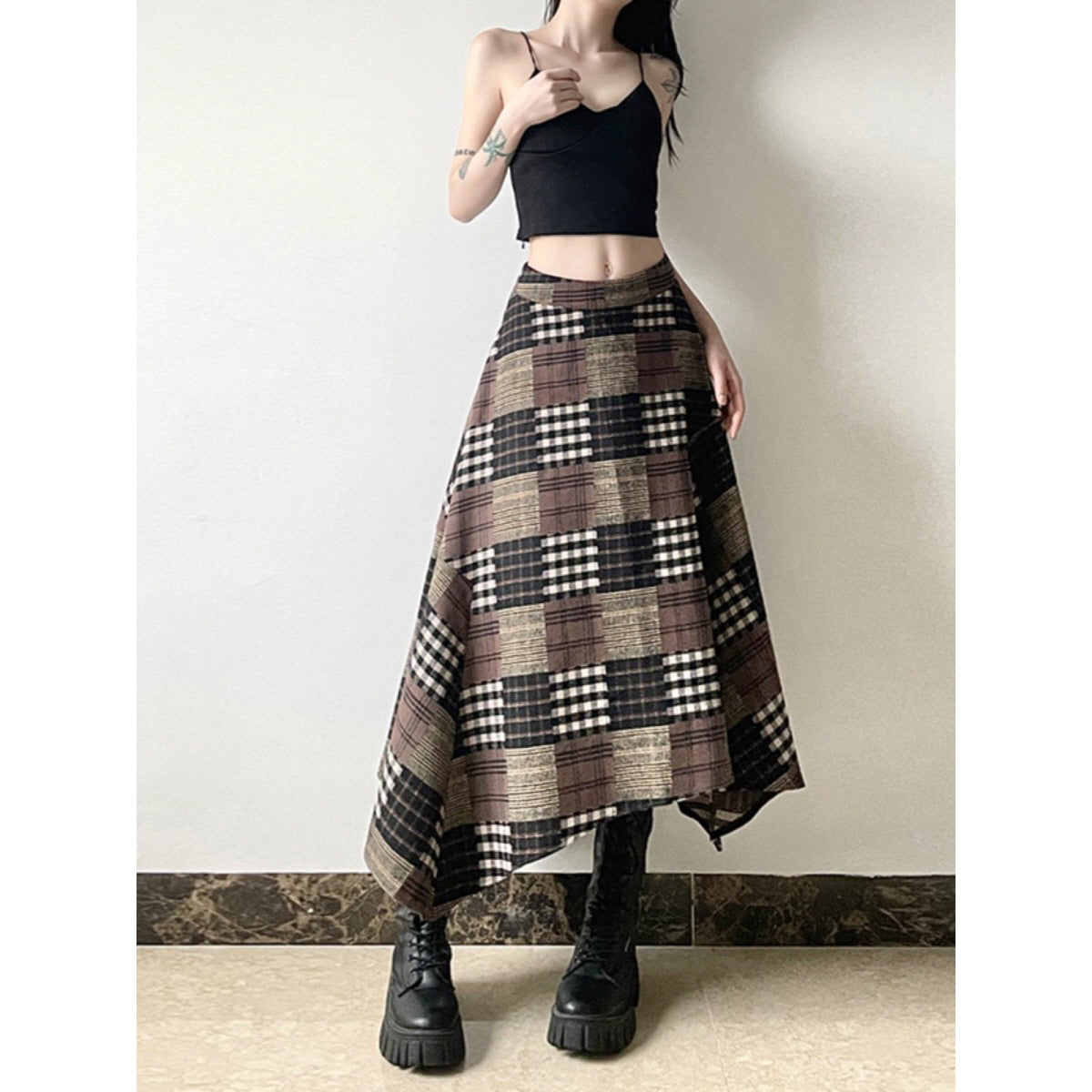 Asymmetrical Plaid Maxi Skirt