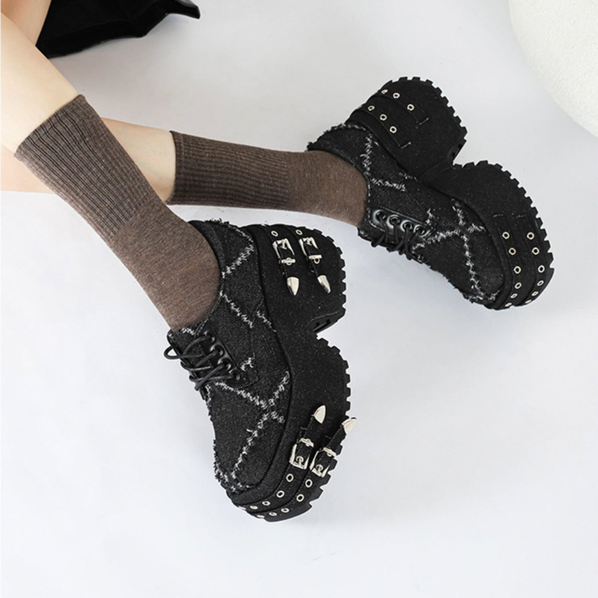 Black Distressed Buckle Platform Shoes