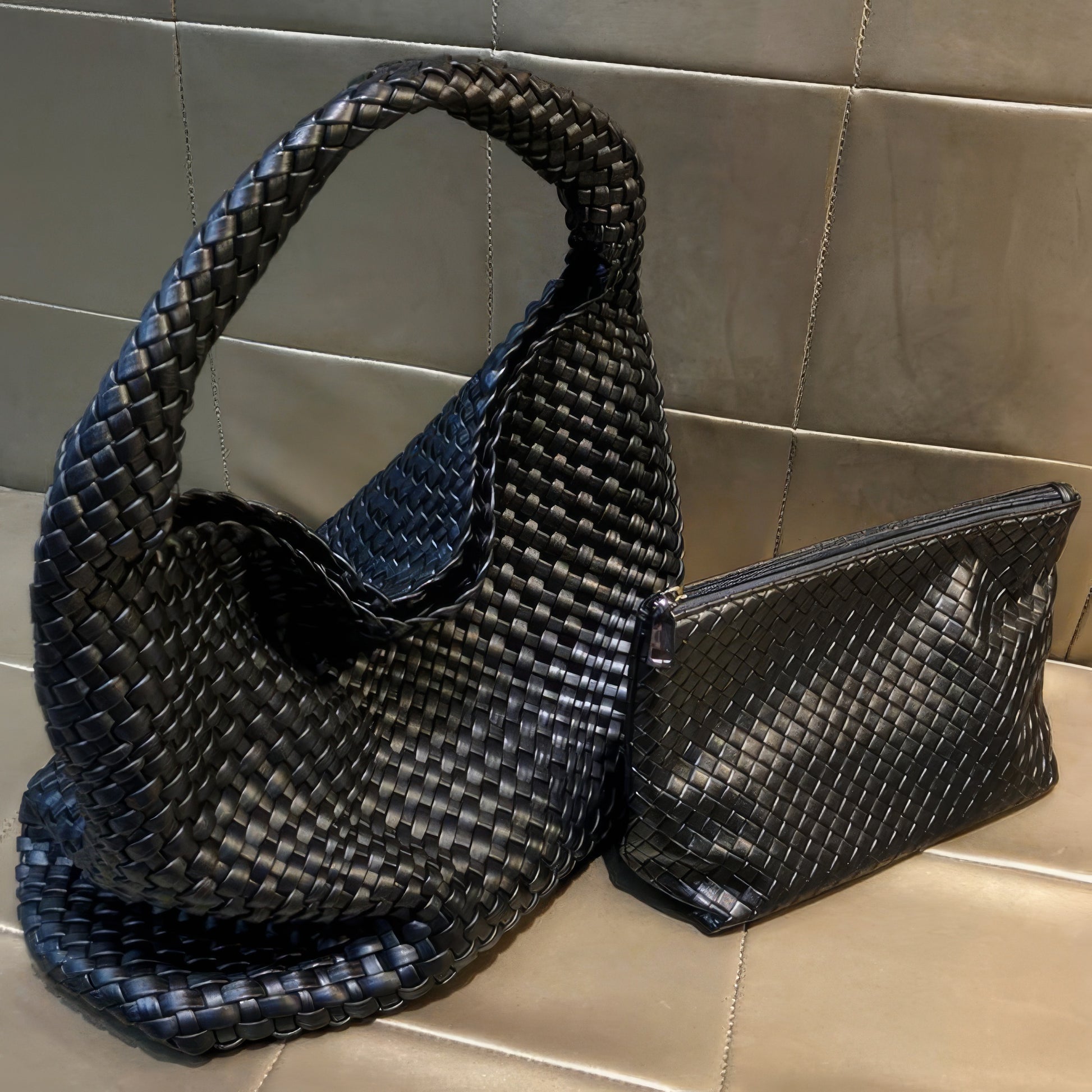 Woven Faux Leather Slouchy Hobo Bag