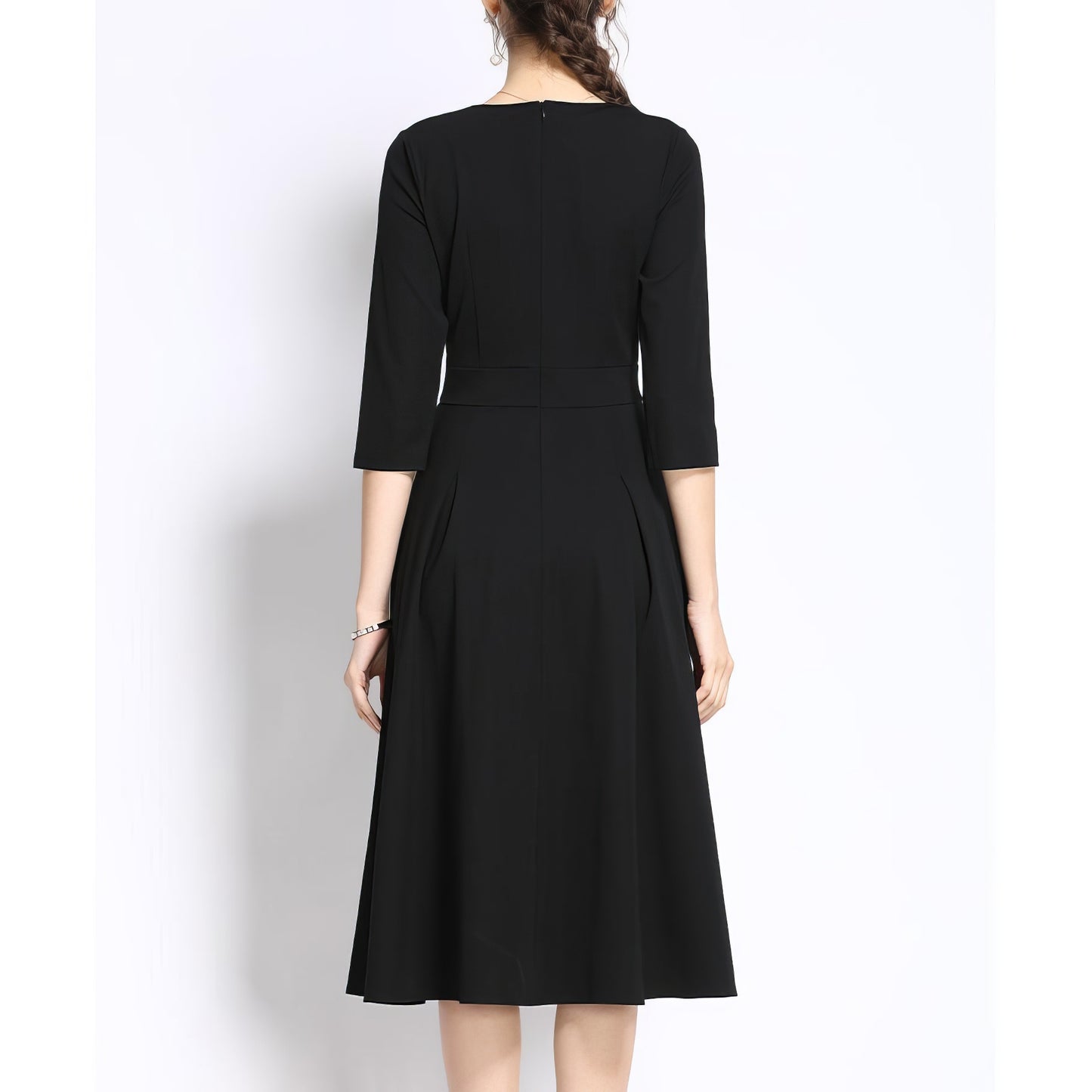 Lace Panel Three-Quarter Sleeve Black Midi Dress