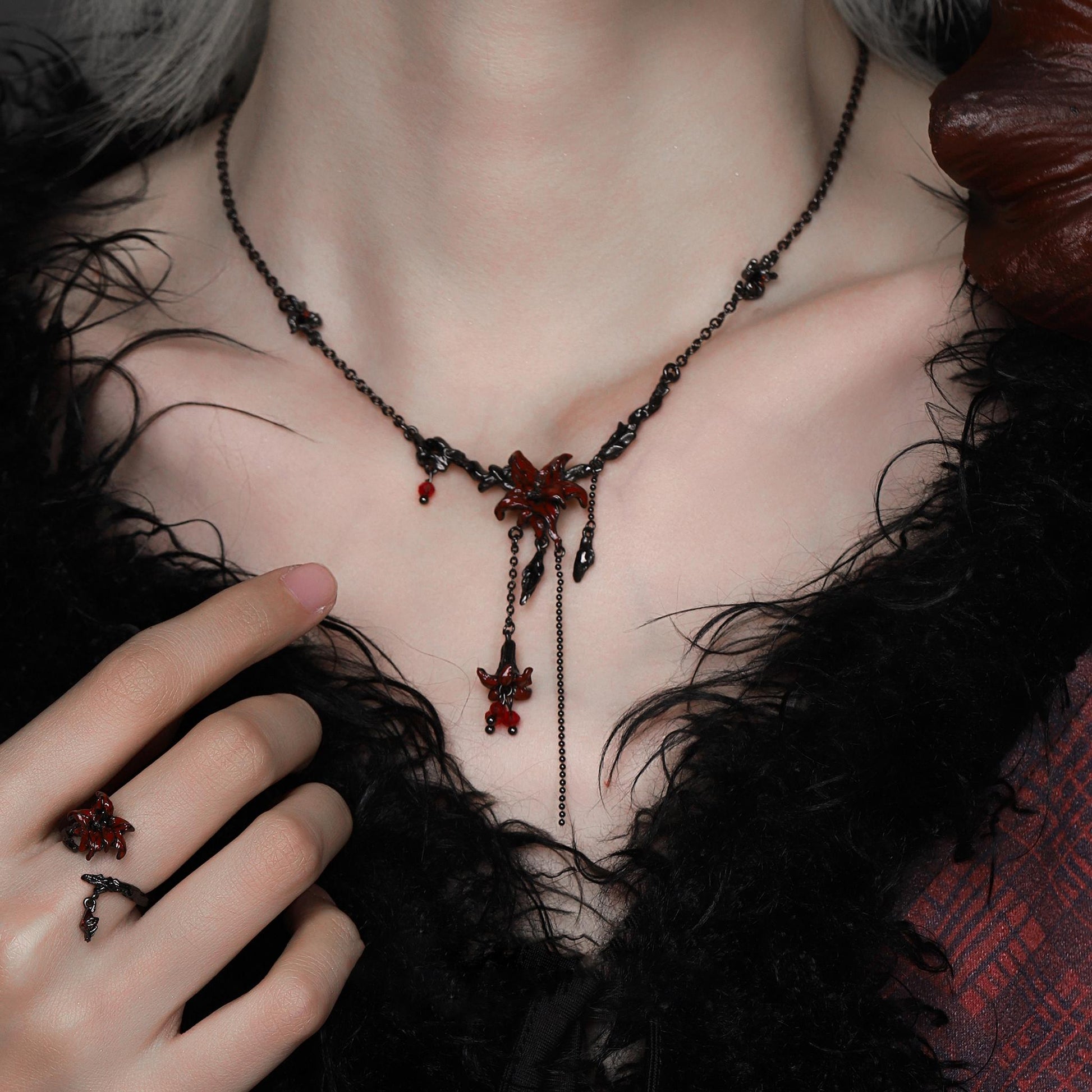 Red Lily Drop Chain Necklace