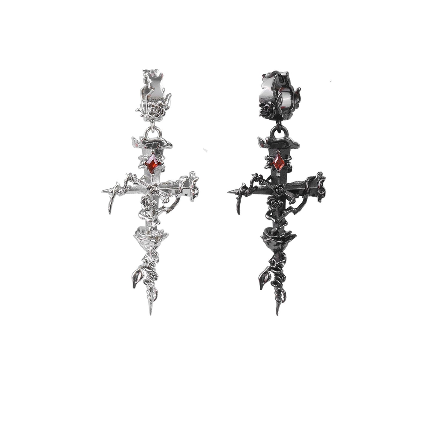 Barbed Rose Cross Drop Earrings