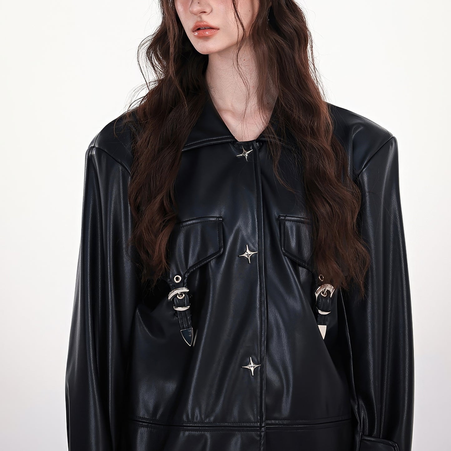 Star Rivet Faux Leather Oversized Jacket