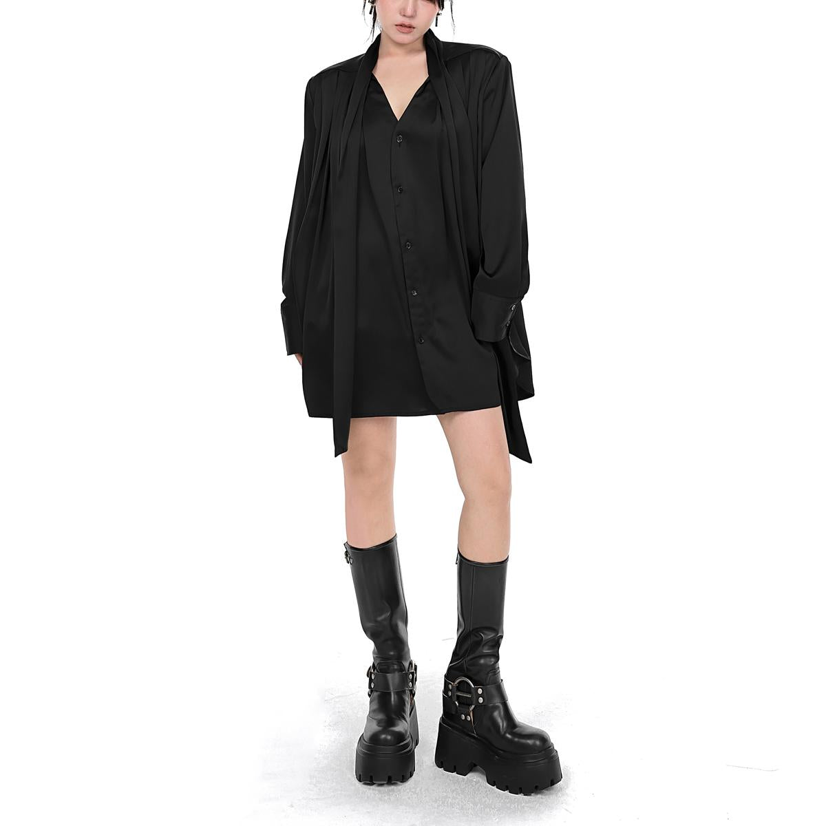Satin Pleated Tie Neck Shirt Dress