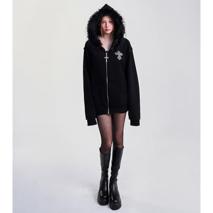 Faux Fur Trim Zip-Up Hoodie