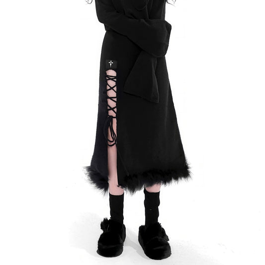 Faux Fur Hem Knit Skirt with Side Lace-Up Detail