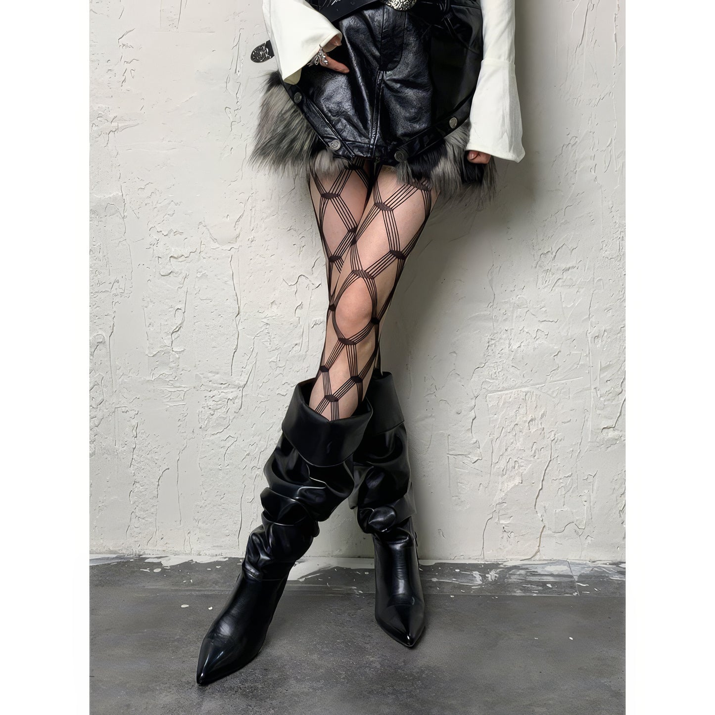 Geometric Strap Mesh Pattern Tights