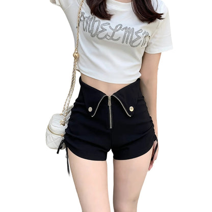 Front Zip V-Waist Ruched Black Shorts
