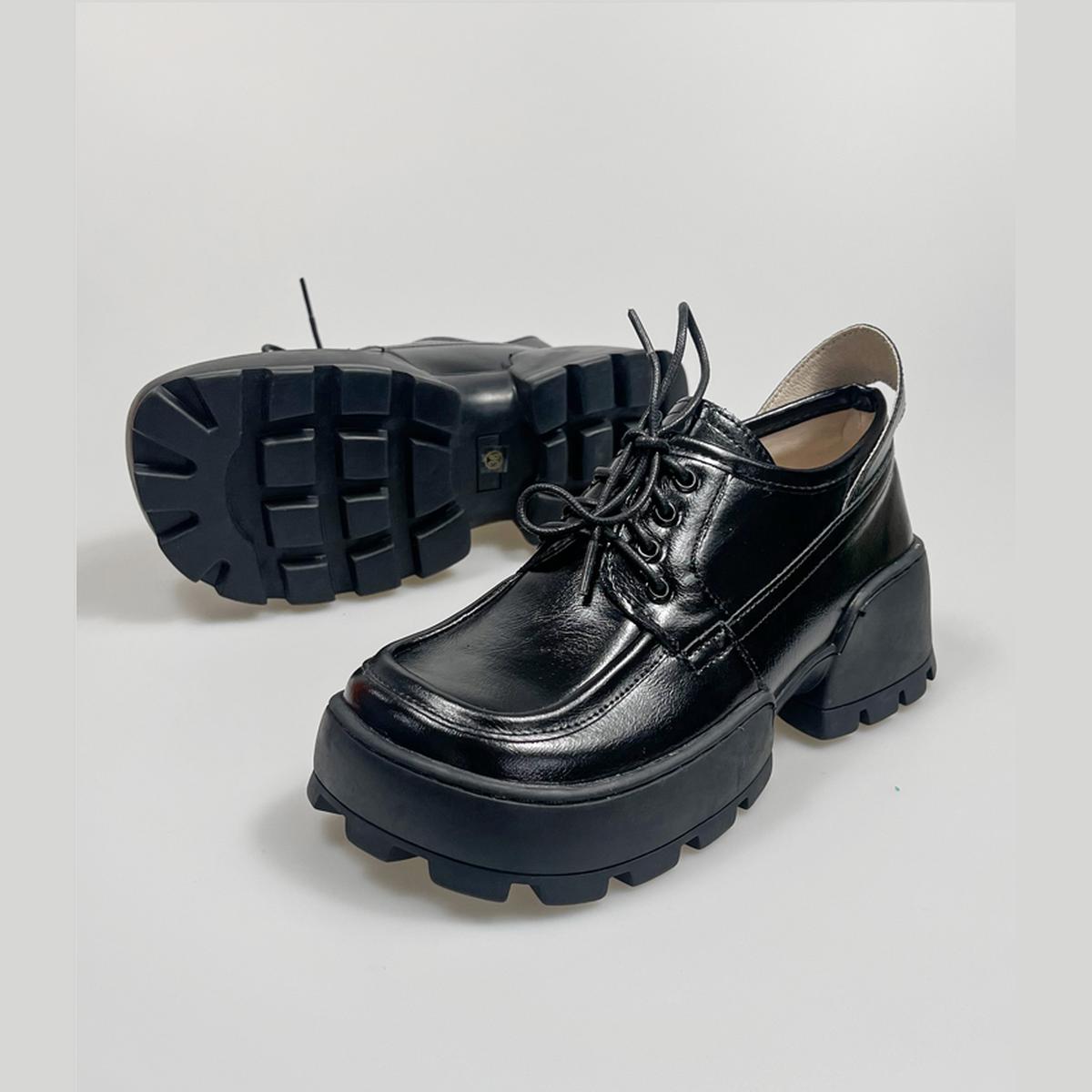 Black Glossy Chunky Heel Derby Shoes