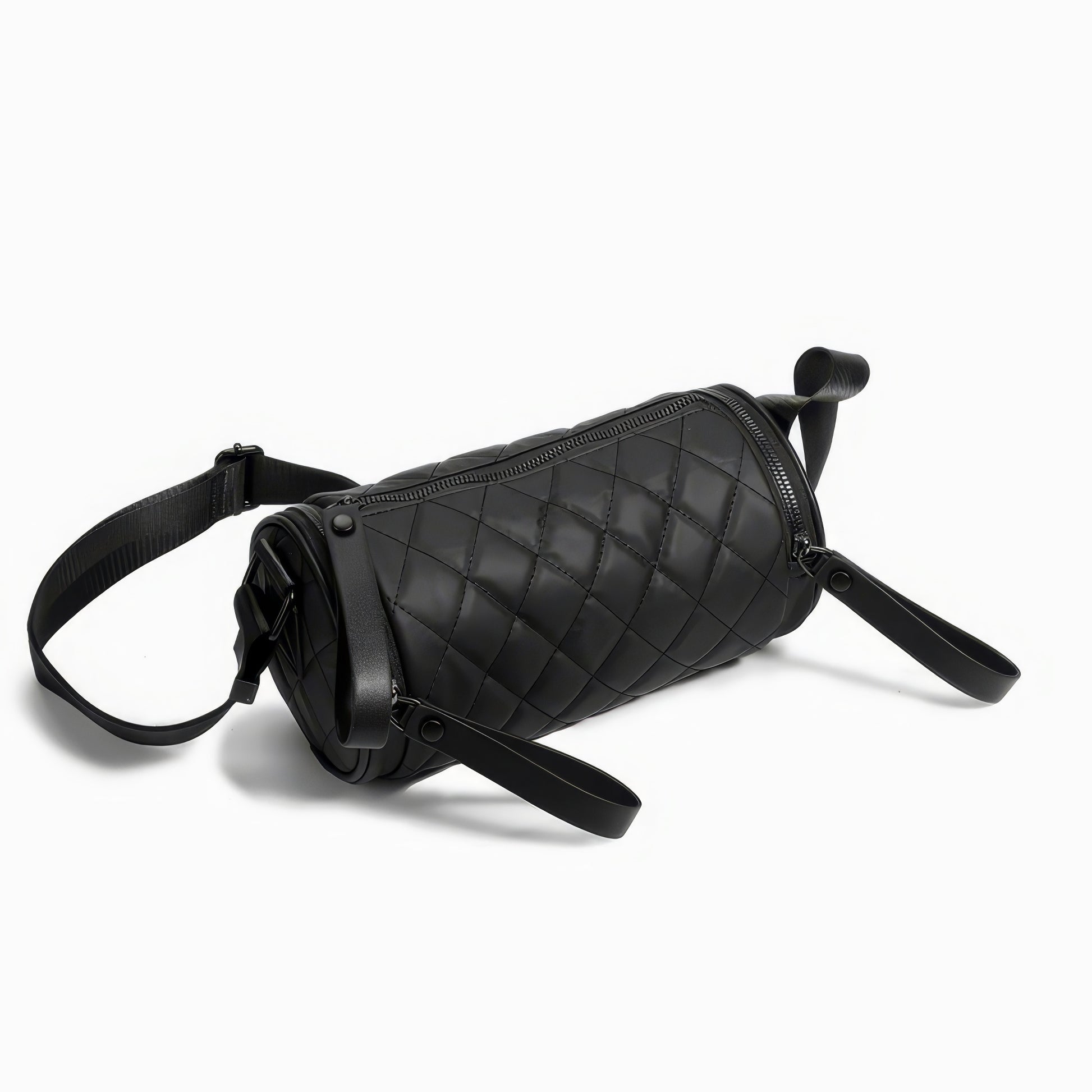 Quilted Barrel-Shaped Black Crossbody Bag