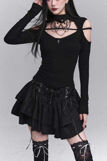 Black Lace-Up Ruffle Skirt