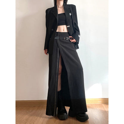 Belted Zip-Slit Maxi Skirt