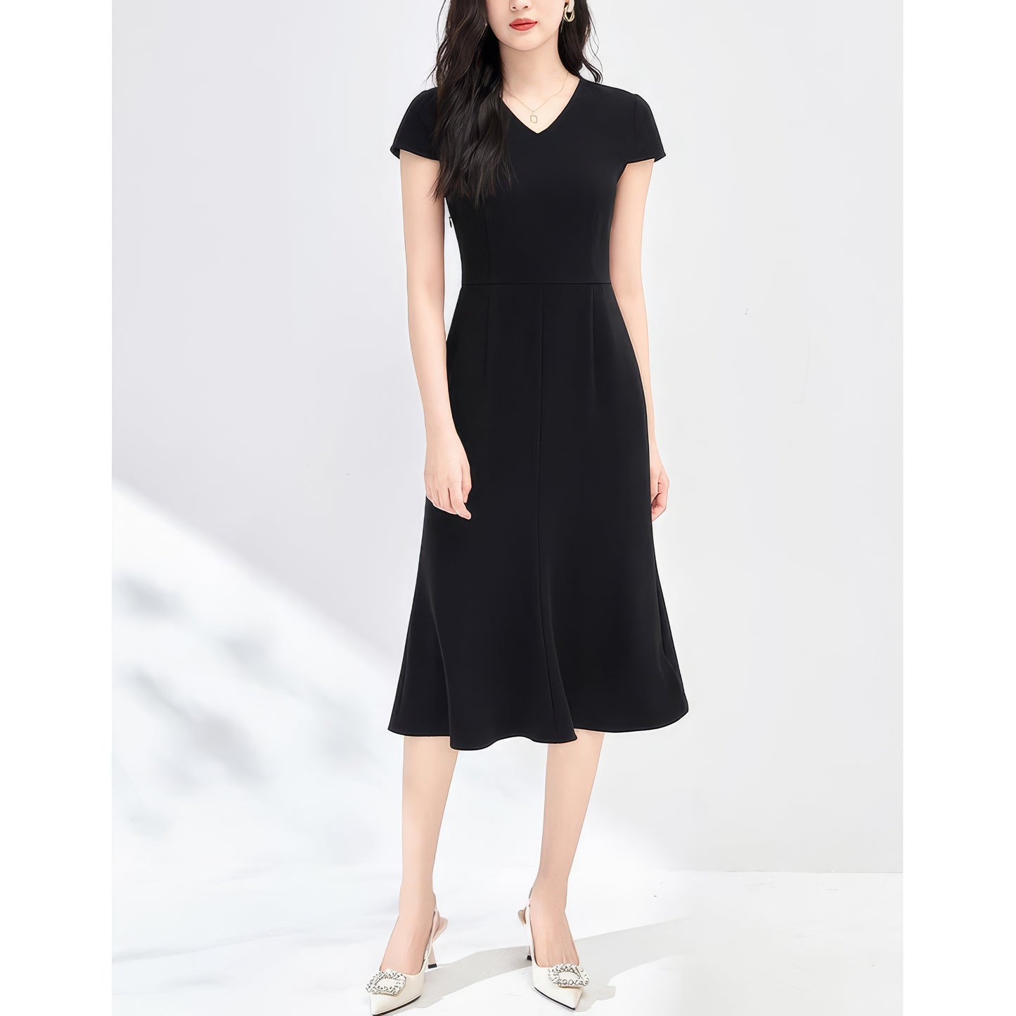 Flared V-Neck Midi Dress