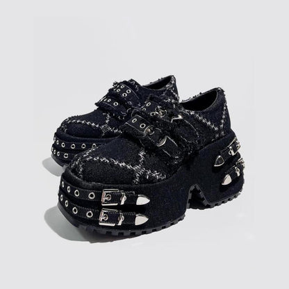 Black Distressed Denim Platform Shoes