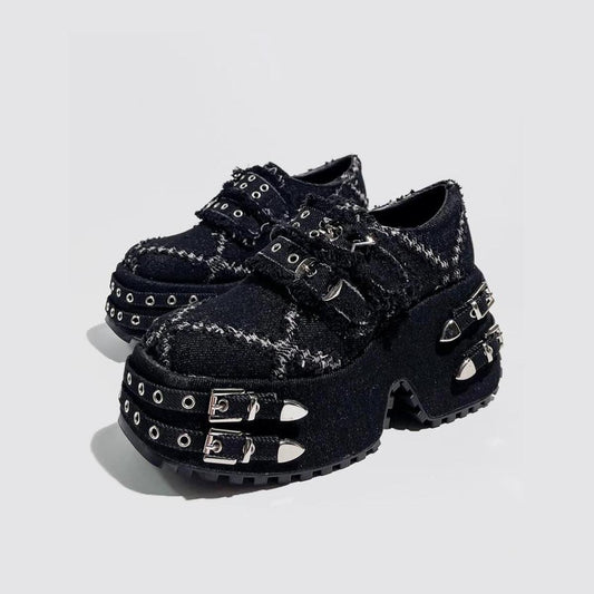 Black Distressed Denim Platform Shoes