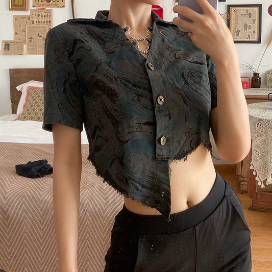 Asymmetrical Raw Hem Cropped Shirt