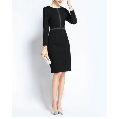 Stitched Detail Long Sleeve Black Pencil Dress