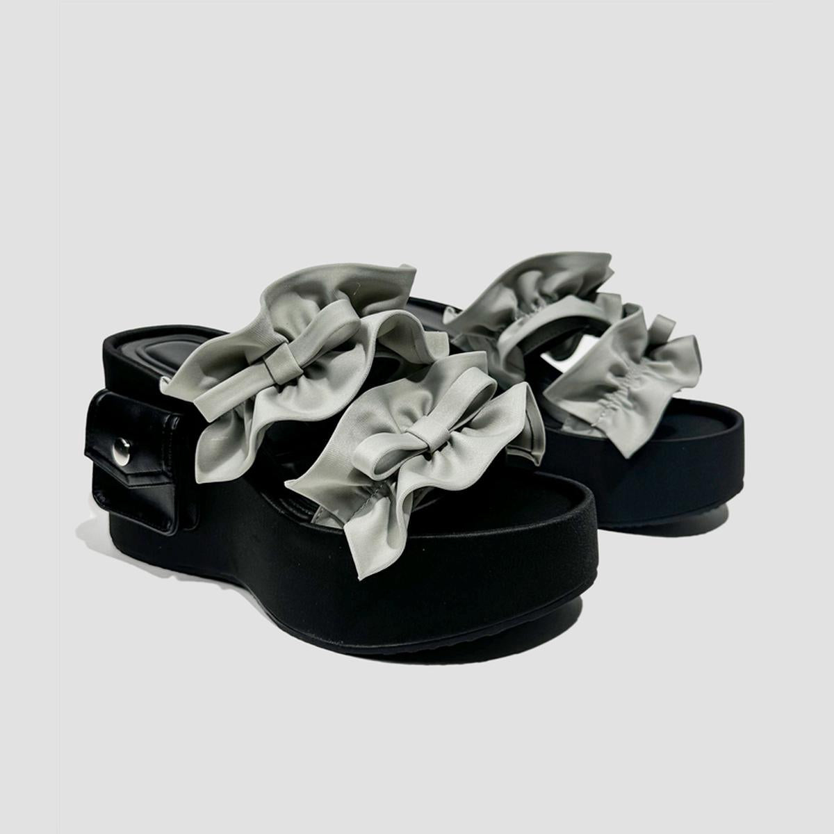 Satin Ruffle Bow Platform Slides