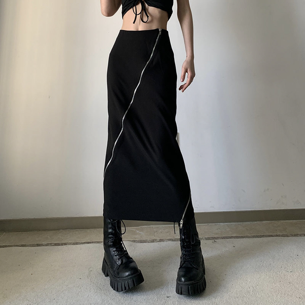 Asymmetrical Zip Slit Skirt