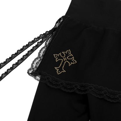 Lace Trim Flared Pants with Layered Skirt Detail