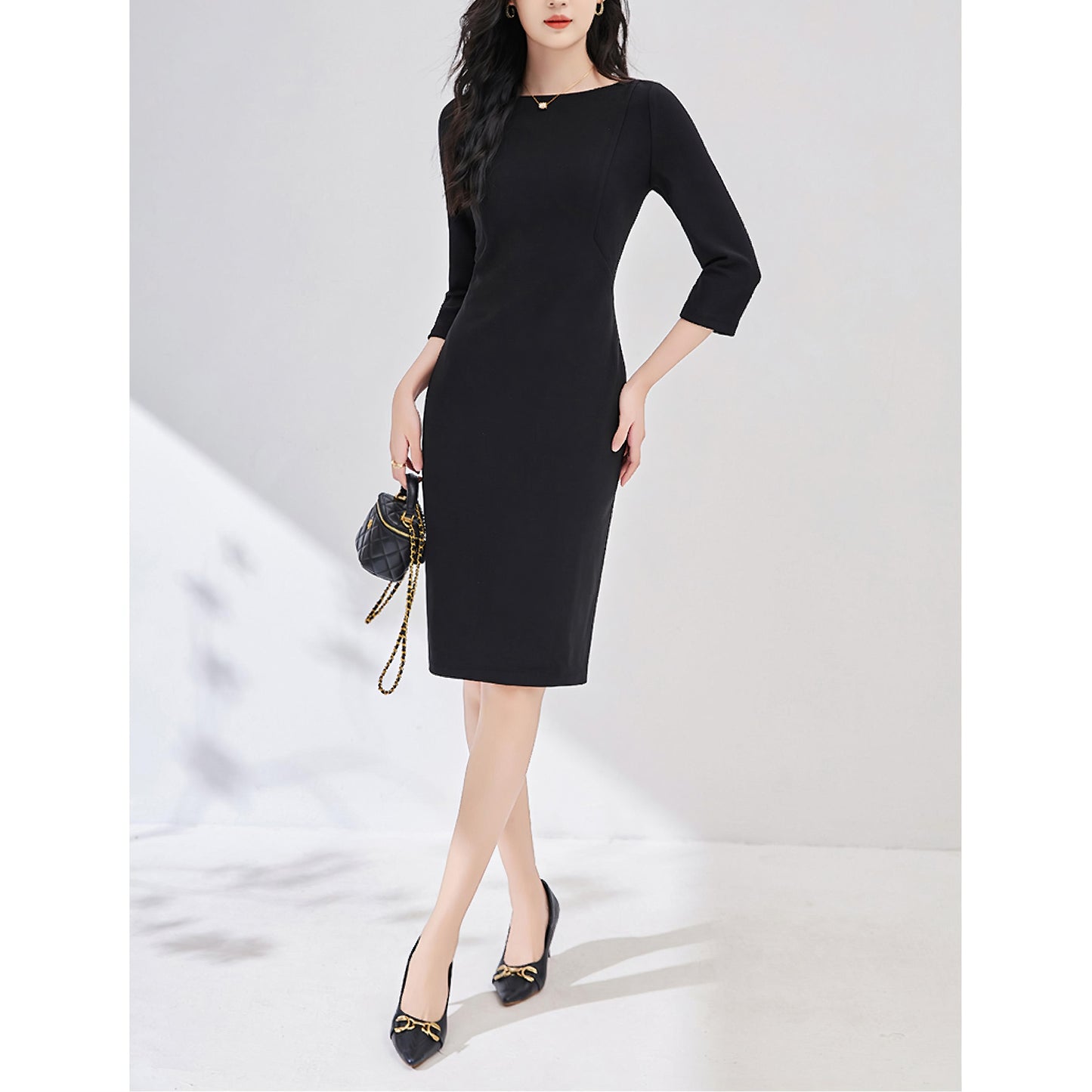 Boat Neck Fitted Black Midi Dress