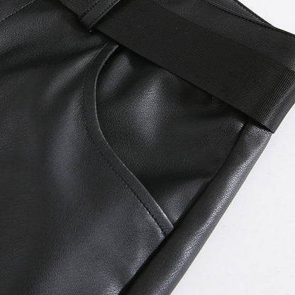 Strap Detail Cut-Out Faux Leather Pants