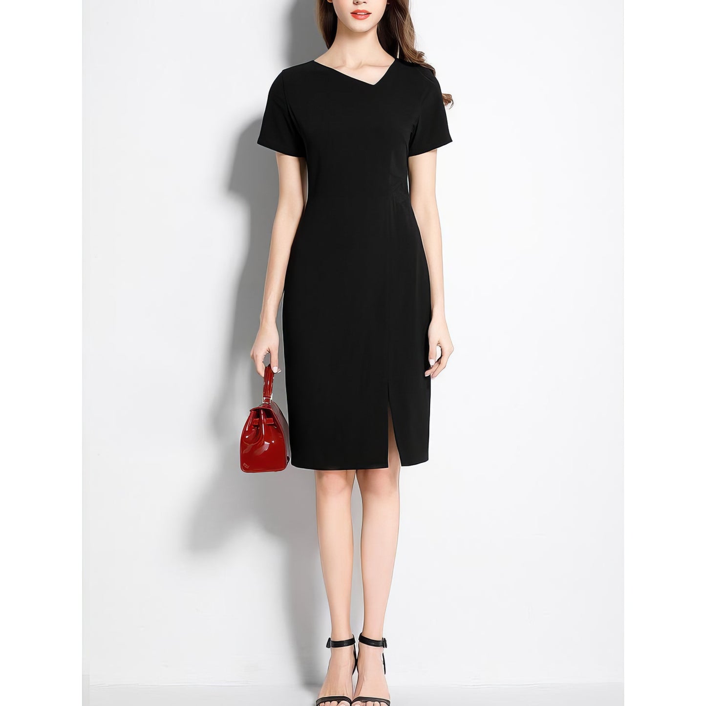 Asymmetrical Neckline Black Pencil Dress