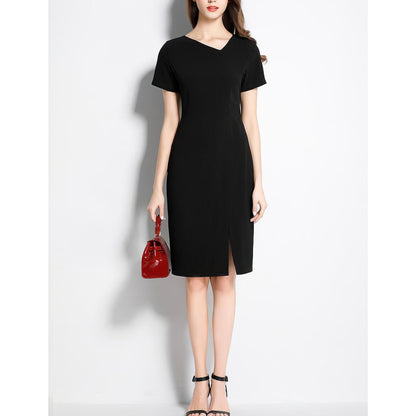 Asymmetrical Neckline Black Pencil Dress