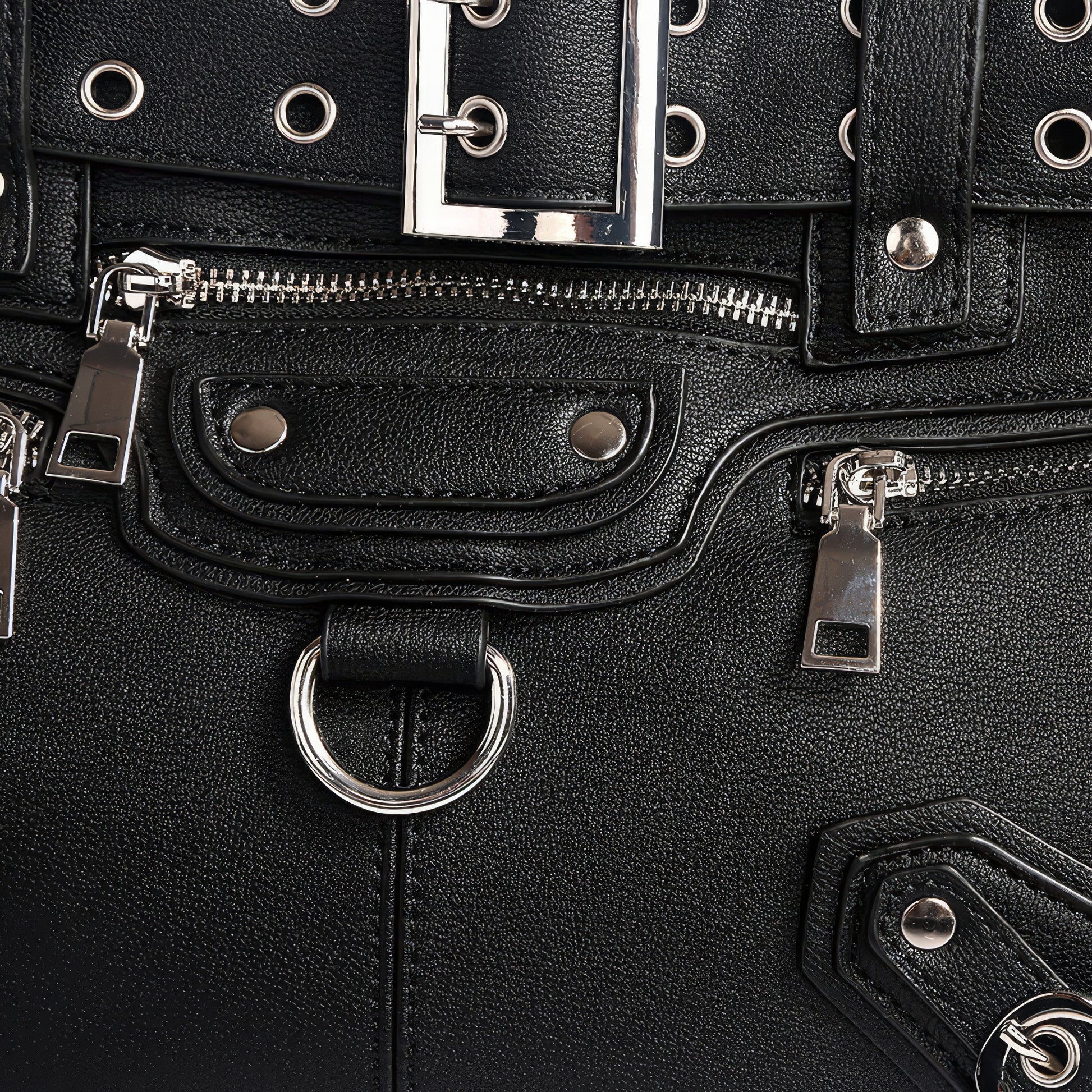 Buckle Strap Grommet Detail Black Tote Bag