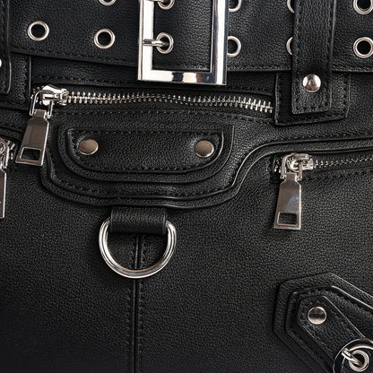 Buckle Strap Grommet Detail Black Tote Bag