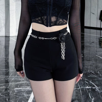 Chain Detail High-Waisted Black Shorts