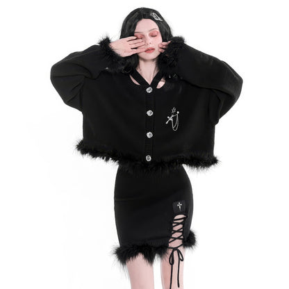 Faux Fur Trimmed Knit Crop Cardigan