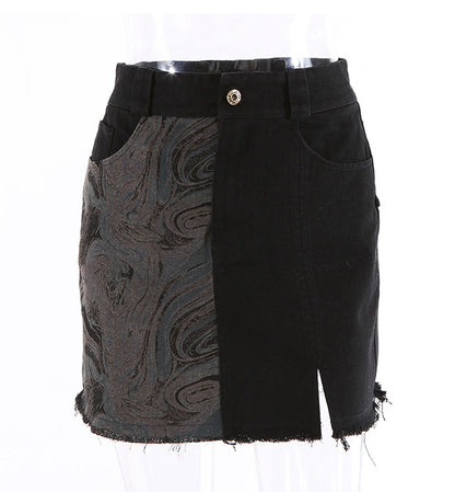 Two-Tone Distressed Denim Skirt