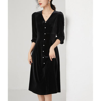 Velvet Button Detail Midi Dress