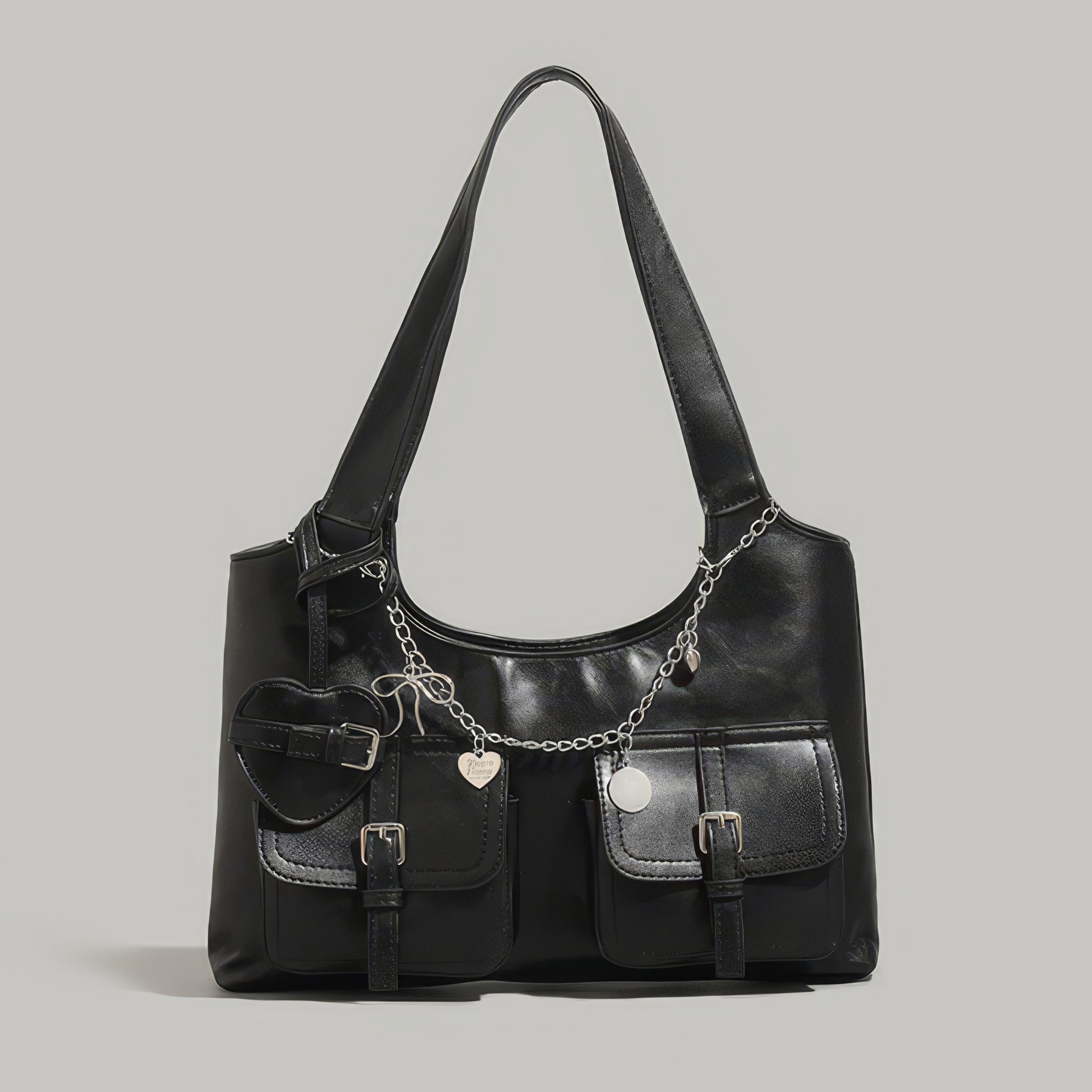 Chain Accent Buckle Pocket Faux Leather Shoulder Bag