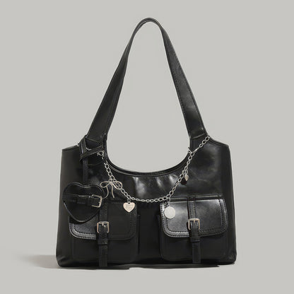 Chain Accent Buckle Pocket Faux Leather Shoulder Bag