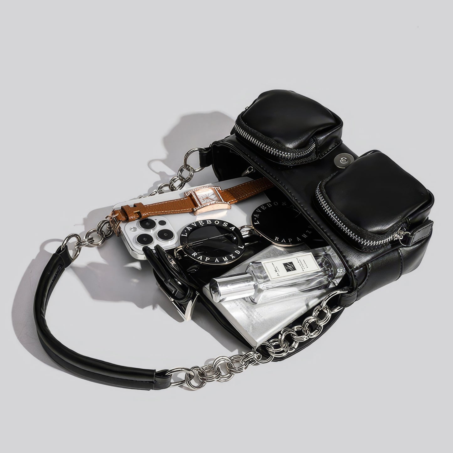 Chain Strap Buckled Pocket Shoulder Bag